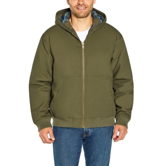 Woolrich Men's M Canvas Hooded Jacket Plaid Kangaroo Pocket Zipper Hoodie Green
